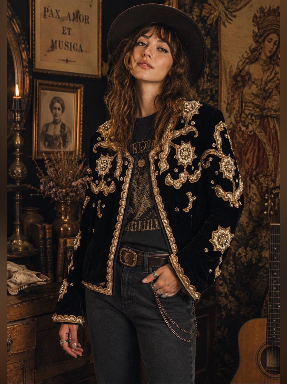 Vintage Alyce Designs Black Velvet Beaded Embellished Cropped Jacket Art Deco